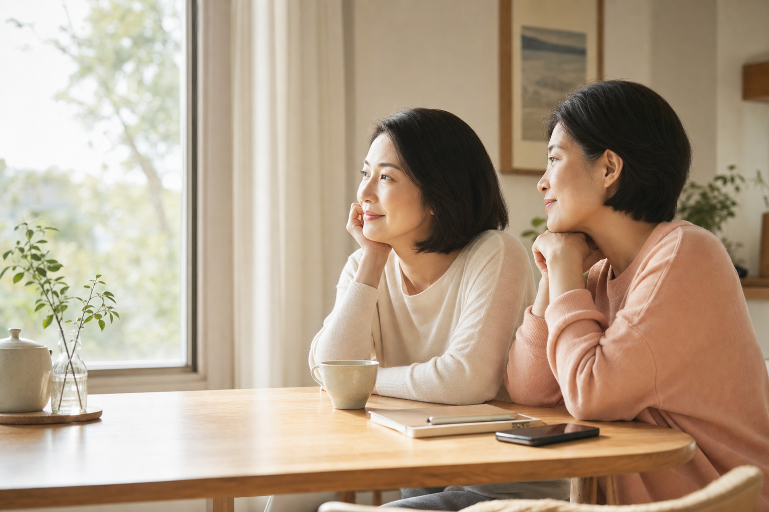 晨光下,两位女性在家中安静相伴,桌上放着茶杯、笔记本和手机